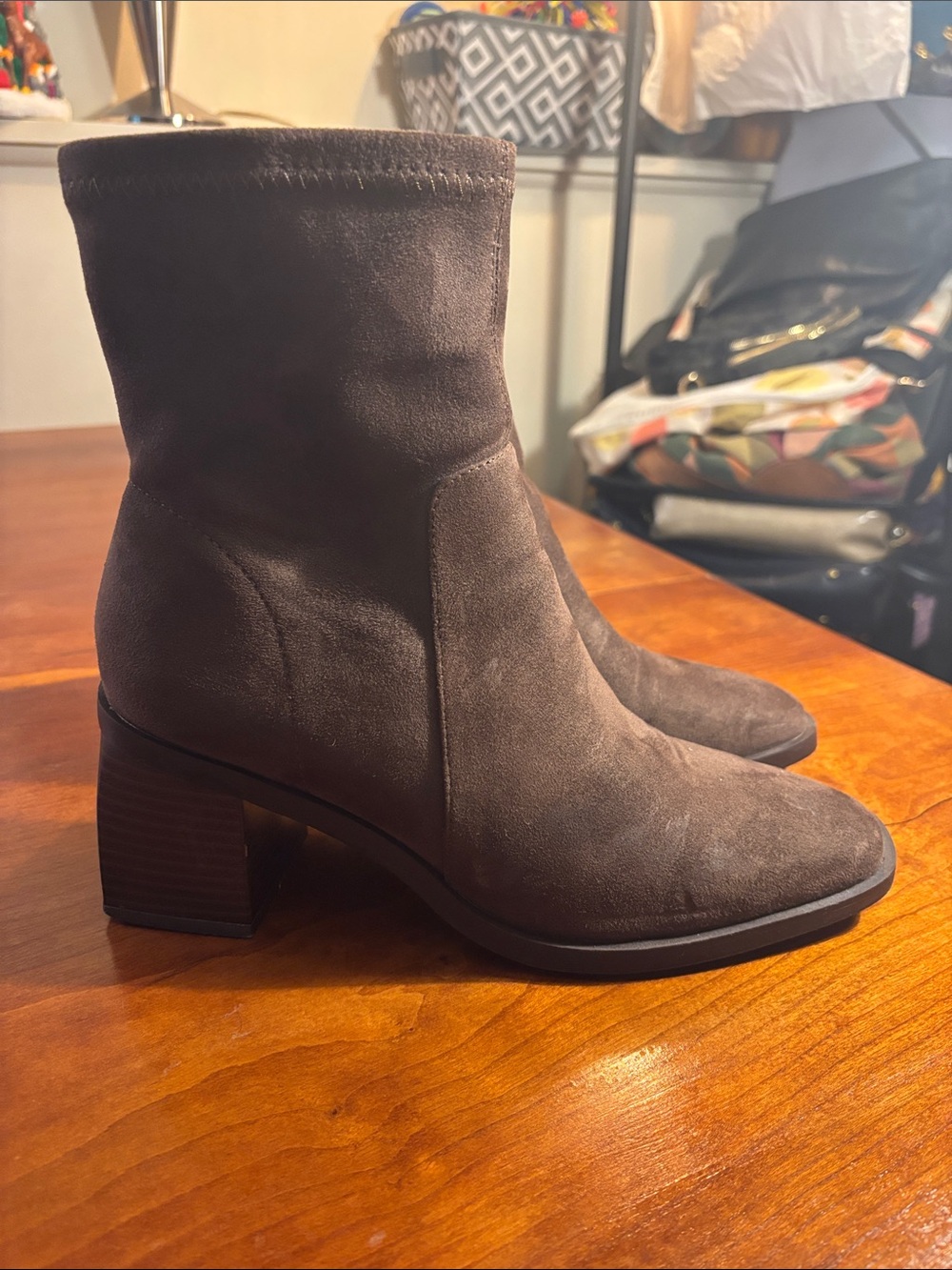 Women's Anne Klein Brown Faux Suede Block Heel Ankle Boots